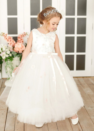 Ivory Lace Tulle 3D Flowers Country Flower Girl Dress Ivory Lace Tulle 3D Flowers Country Flower Girl Dress